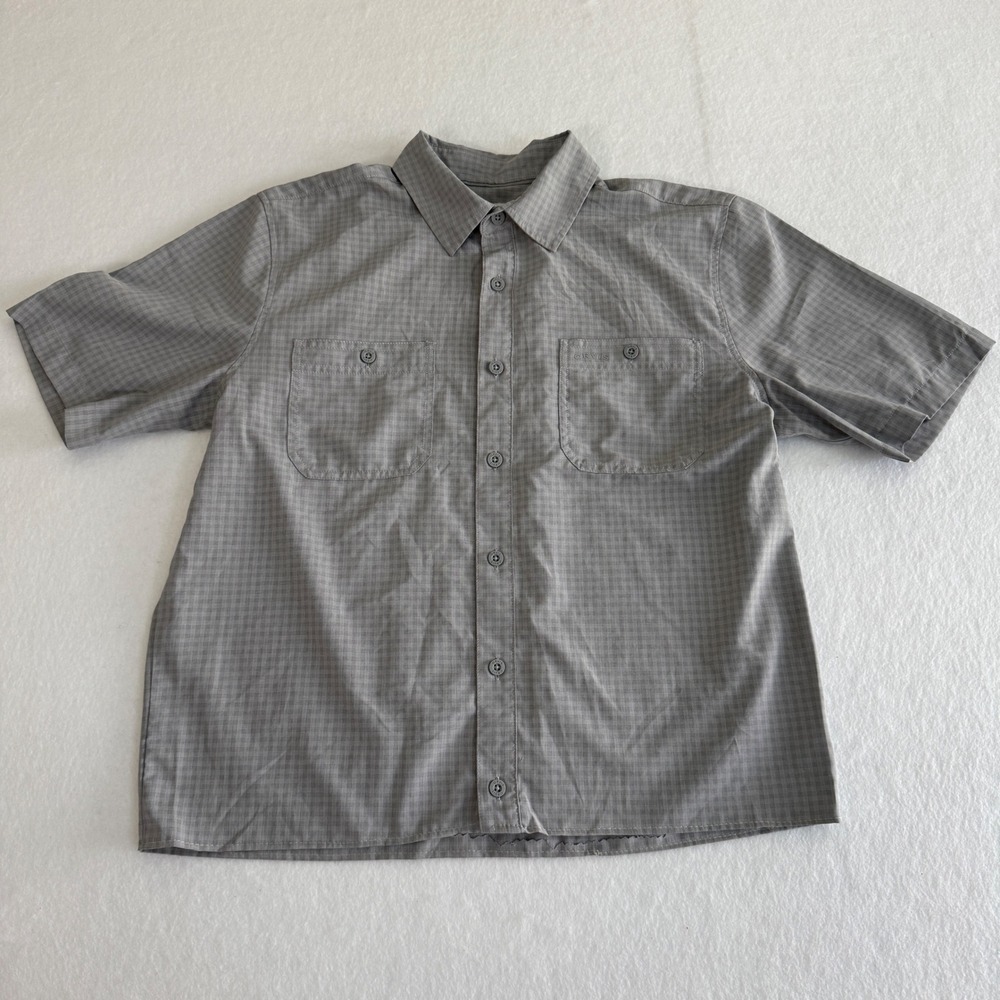 Orvis Button Down Short Shirt Mens Medium Plaid Gray Adventure Moisture Wicking